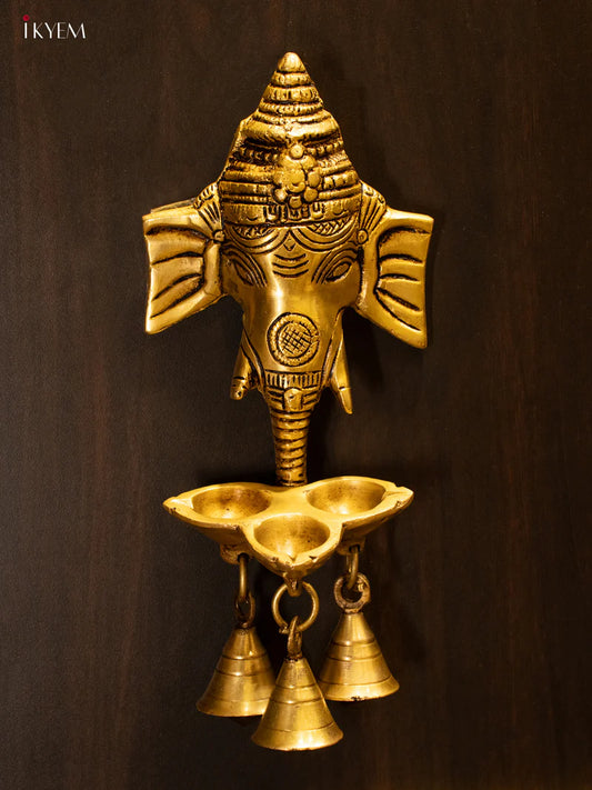 Brass Ganesha Face with 3-face Diya & Bells - KK26148
