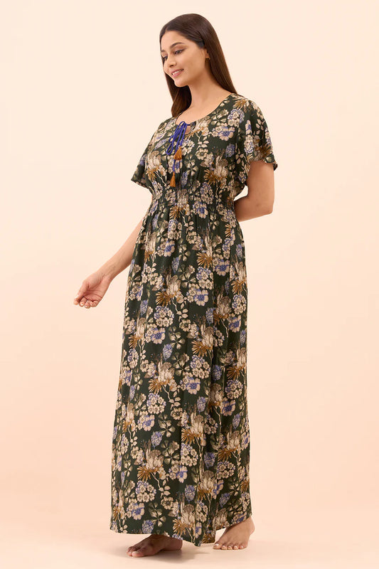 Floral Printed Nighty with Tie-up - Green
