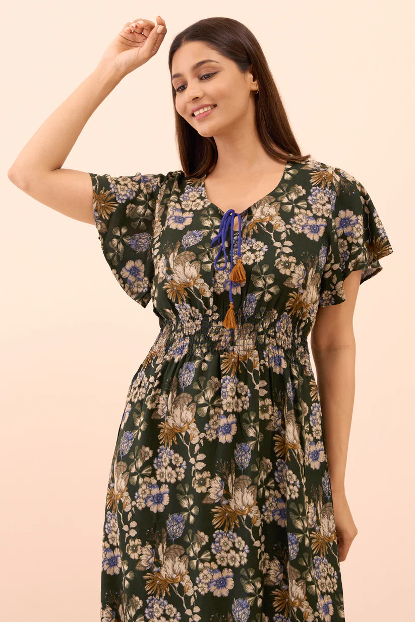 Floral Printed Nighty with Tie-up - Green