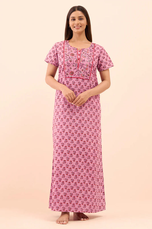 Floral Printed Acid wash Nighty- Purple