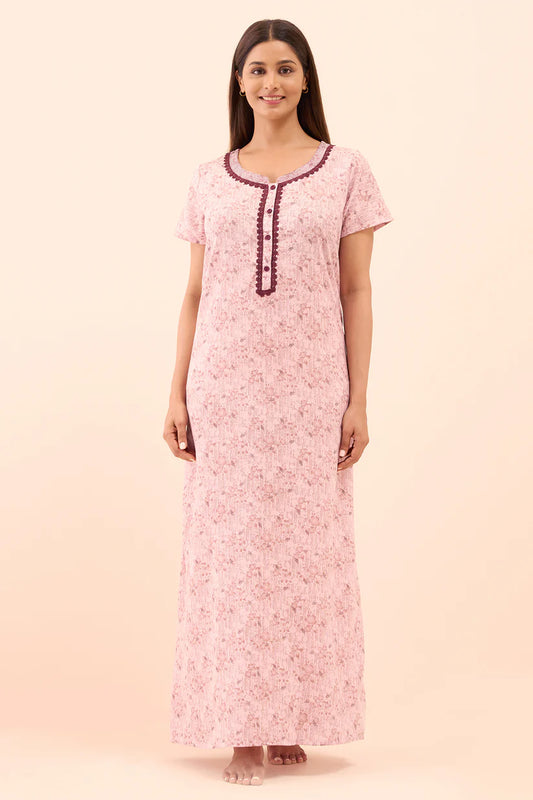 Floral Printed Lace Embellished Nighty - Pink