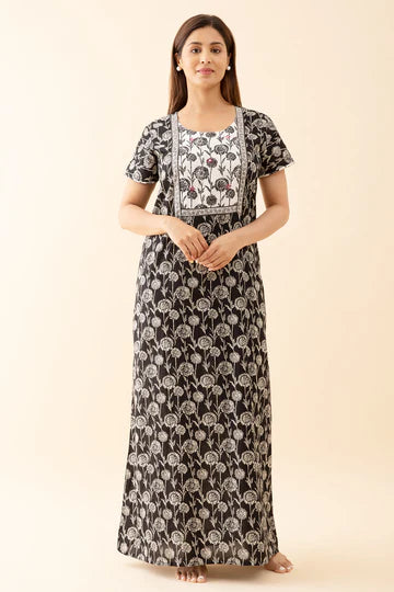 Dandelion Floral Printed Nighty with Contrast Yoke Patchwork White