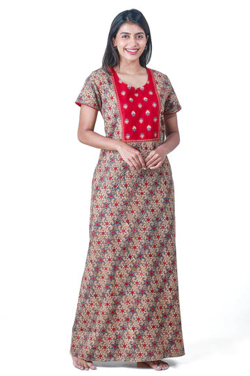 Abstract Printed & Embroidered Nighty