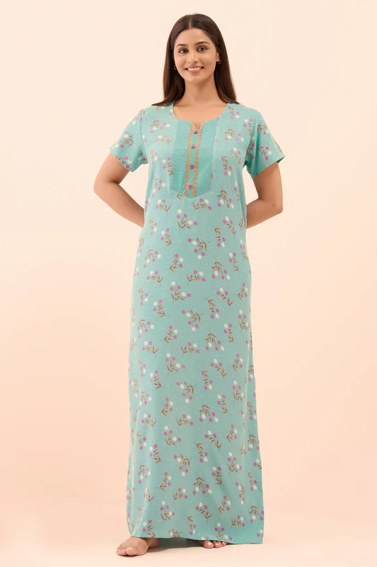 Floral Printed & Lace Embellished Nighty - Blue