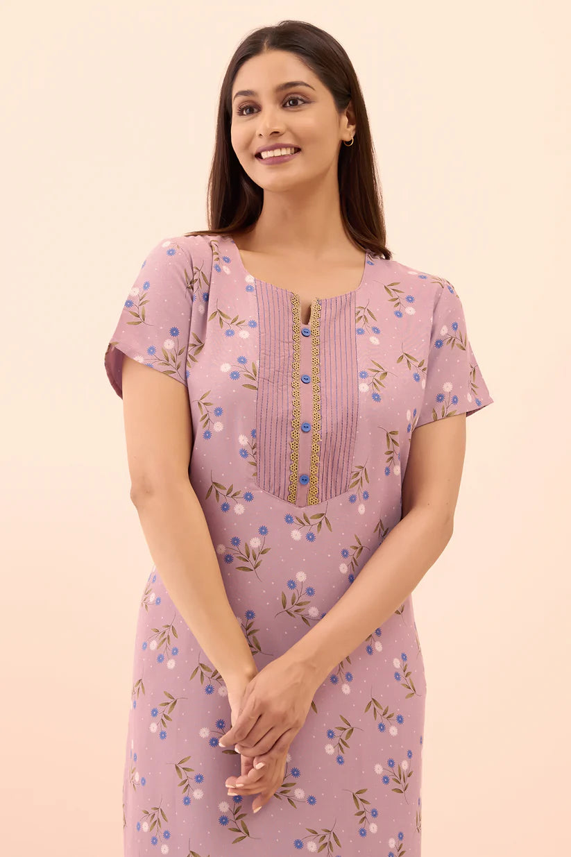 Floral Printed & Lace Embellished Nighty - Mauve