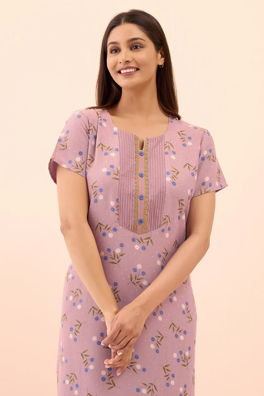Floral Printed & Lace Embellished Nighty - Mauve