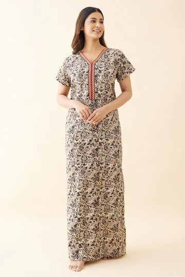 Kalamkari Embroidered Nighty - Blue