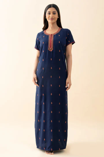 Abstract Printed & Embroidered Nighty