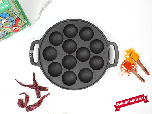 Paniyaram Pan - Cast Iron - Full Flat Base - 12 Pit .