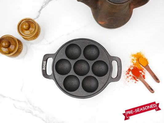 Paniyaram Pan - Cast Iron - Full Flat Base - 7 Pit .
