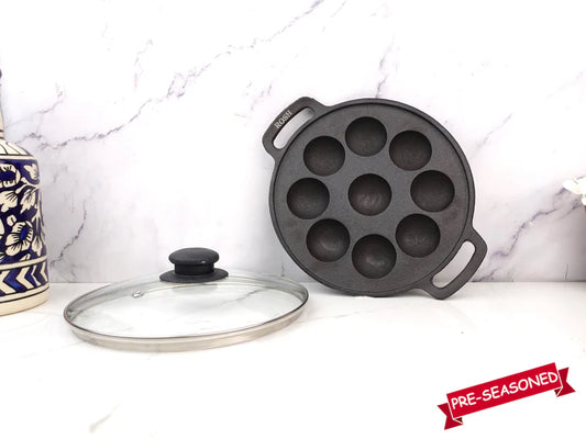 Paniyaram Pan - Cast Iron - Full Flat Base - 9 Pit - With Lid.