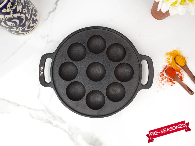 Paniyaram Pan - Cast Iron - Full Flat Base - 9 Pit .