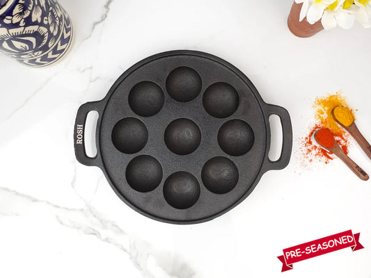 Paniyaram Pan - Cast Iron - Full Flat Base - 9 Pit .
