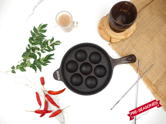 Paniyaram Pan Cast Iron - 7 Pit Round Induction Base. Long Handle .