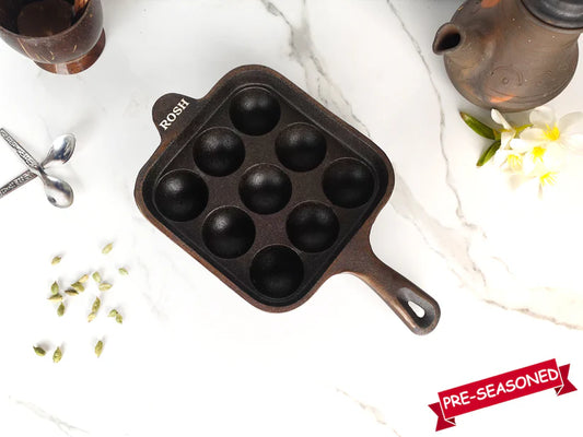 Paniyaram Pan Cast Iron - 9 Pit Square Induction Based- Long Handle .