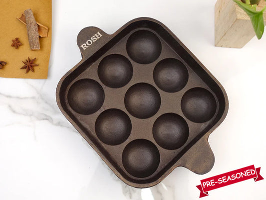 Paniyaram Pan Cast Iron - 9 Pit Square Induction Based. Premium