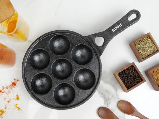 Paniyaram Pan Cast Iron - Jumbo 7 Pit Round Induction Base Long Handle .