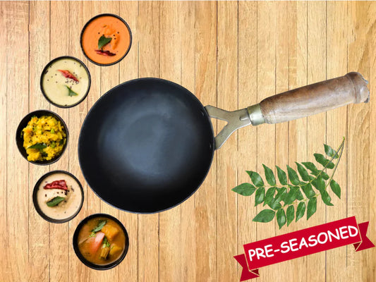 Tadka Pan Iron V Type - Wooden handle .
