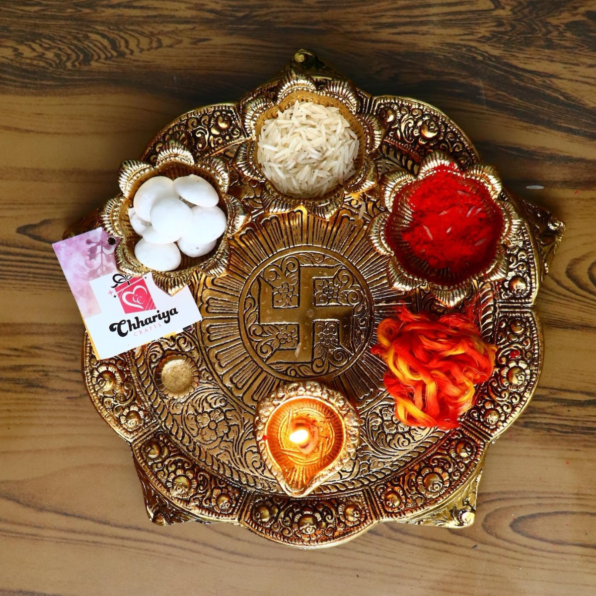 Metal Pooja Thali with Diya for Home and Office Temple Puja Item
