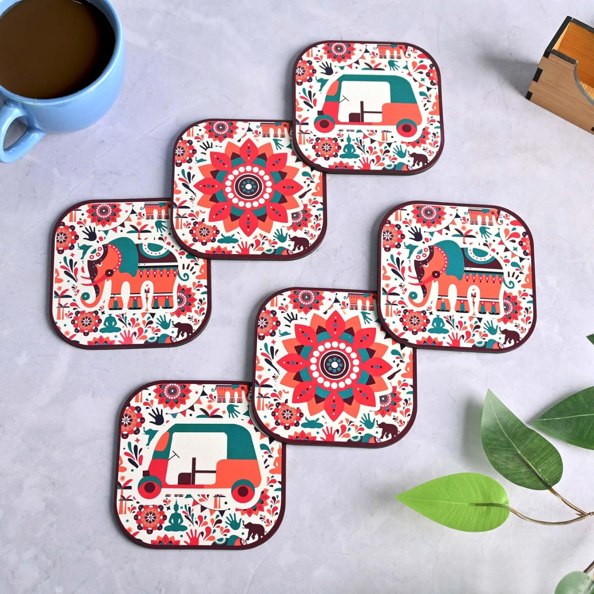 Coaster Set of 6 Vibrant India Theme Design Wooden Coasters to Serve Tea Cups, Coffee Mugs and Glasses (3.5 x 3.5 inch) (Square) (Ecofriendly)