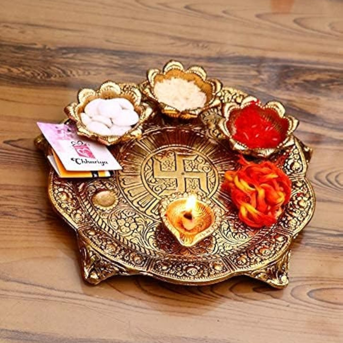 Metal Pooja Thali with Diya for Home and Office Temple Puja Item