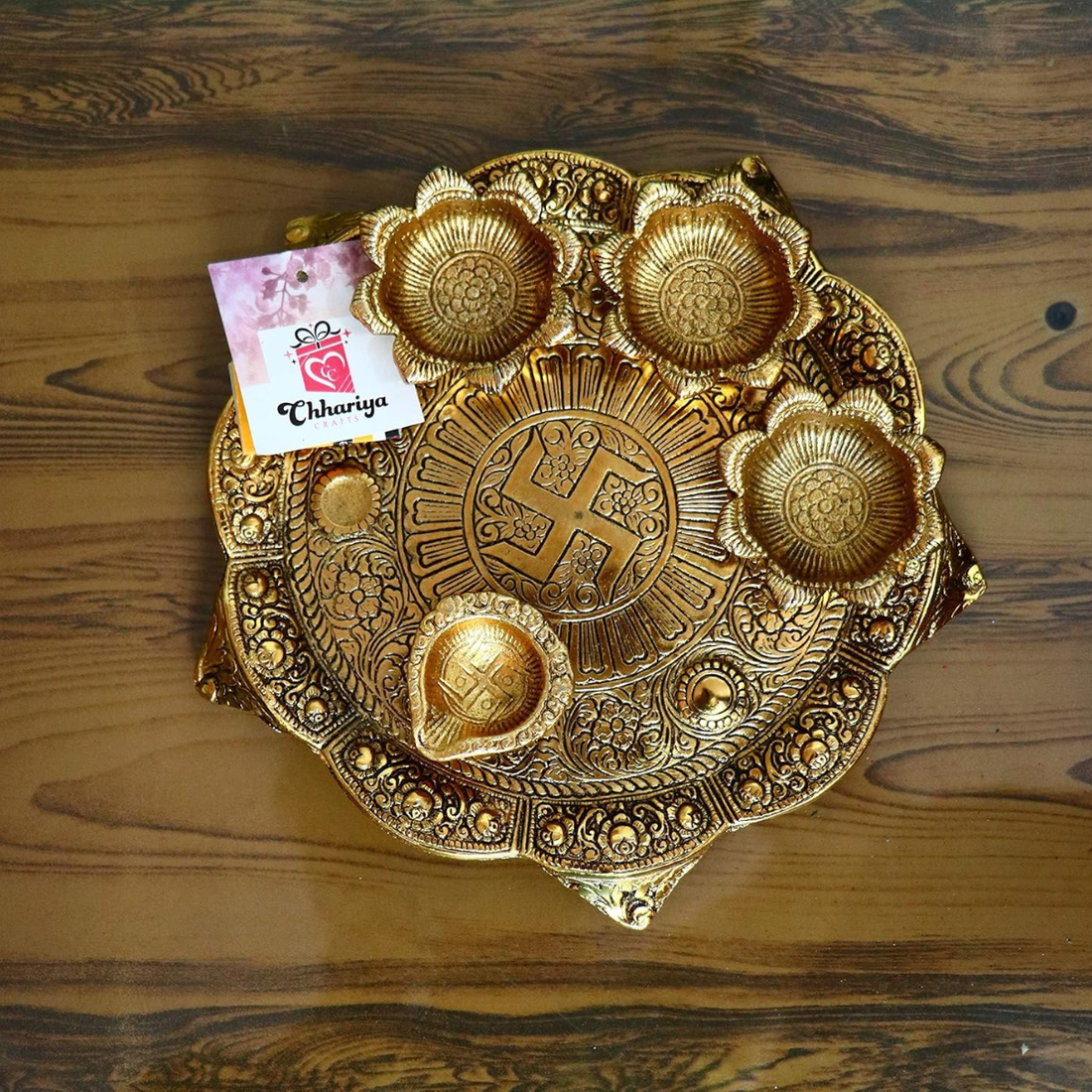 Metal Pooja Thali with Diya for Home and Office Temple Puja Item