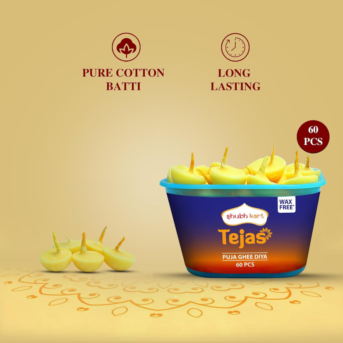 Pure Ghee Wicks| Batti| Diya for Pooja, 60 Pieces, Wax Free Vegan Ghee Batti/Wicks/Jyot for Pooja Aarti (Pack of 1, 60Pieces)