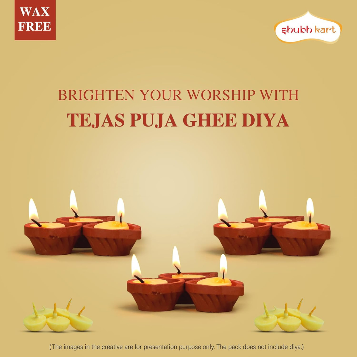 Pure Ghee Wicks| Batti| Diya for Pooja, 60 Pieces, Wax Free Vegan Ghee Batti/Wicks/Jyot for Pooja Aarti (Pack of 1, 60Pieces)