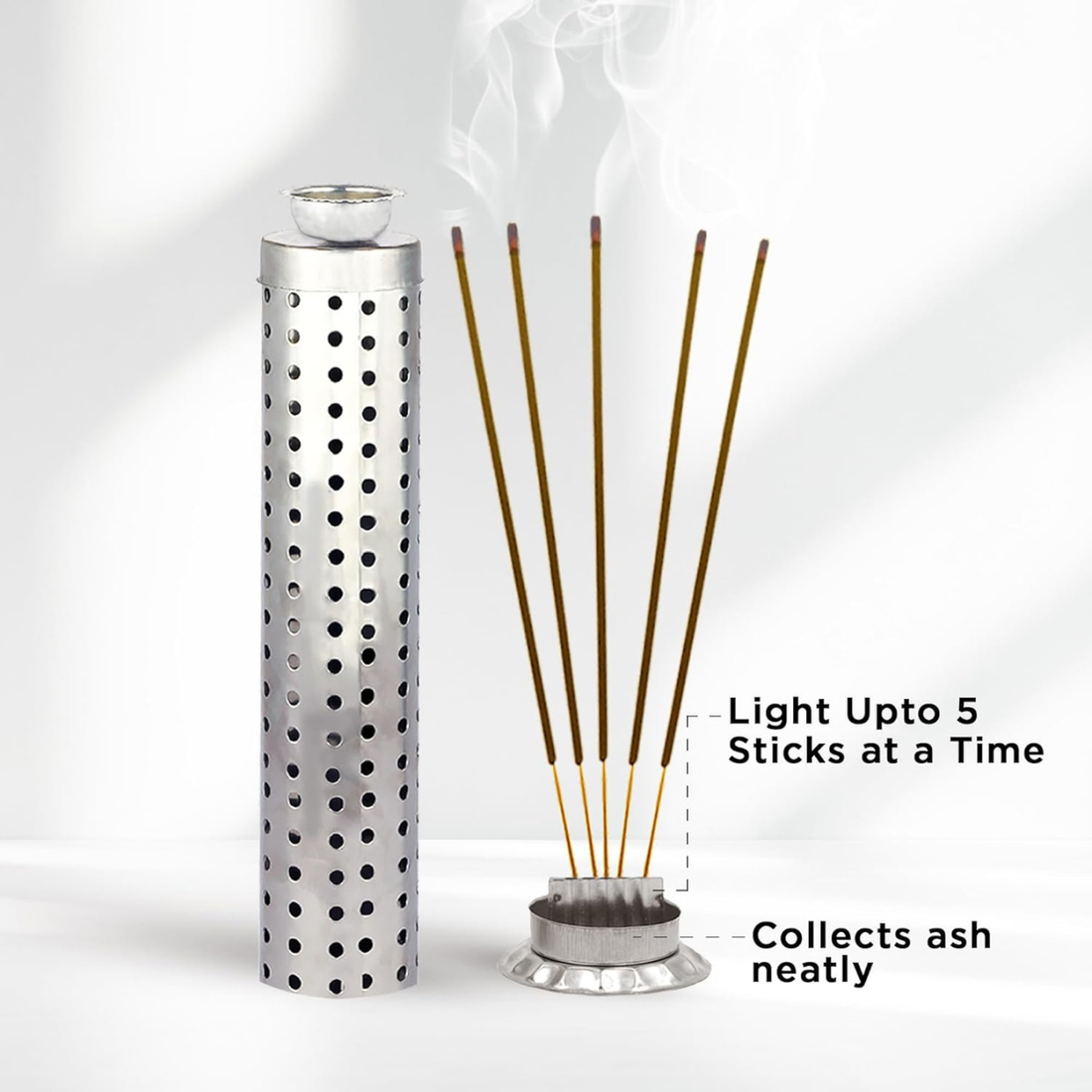 Stainless_Steel Nitya Stainless Steel Agarbatti Stand for Puja||Incense Stick Holder with Ash Catcher|25Cm Height|Stainless Steel Incense Burner|1 Piece