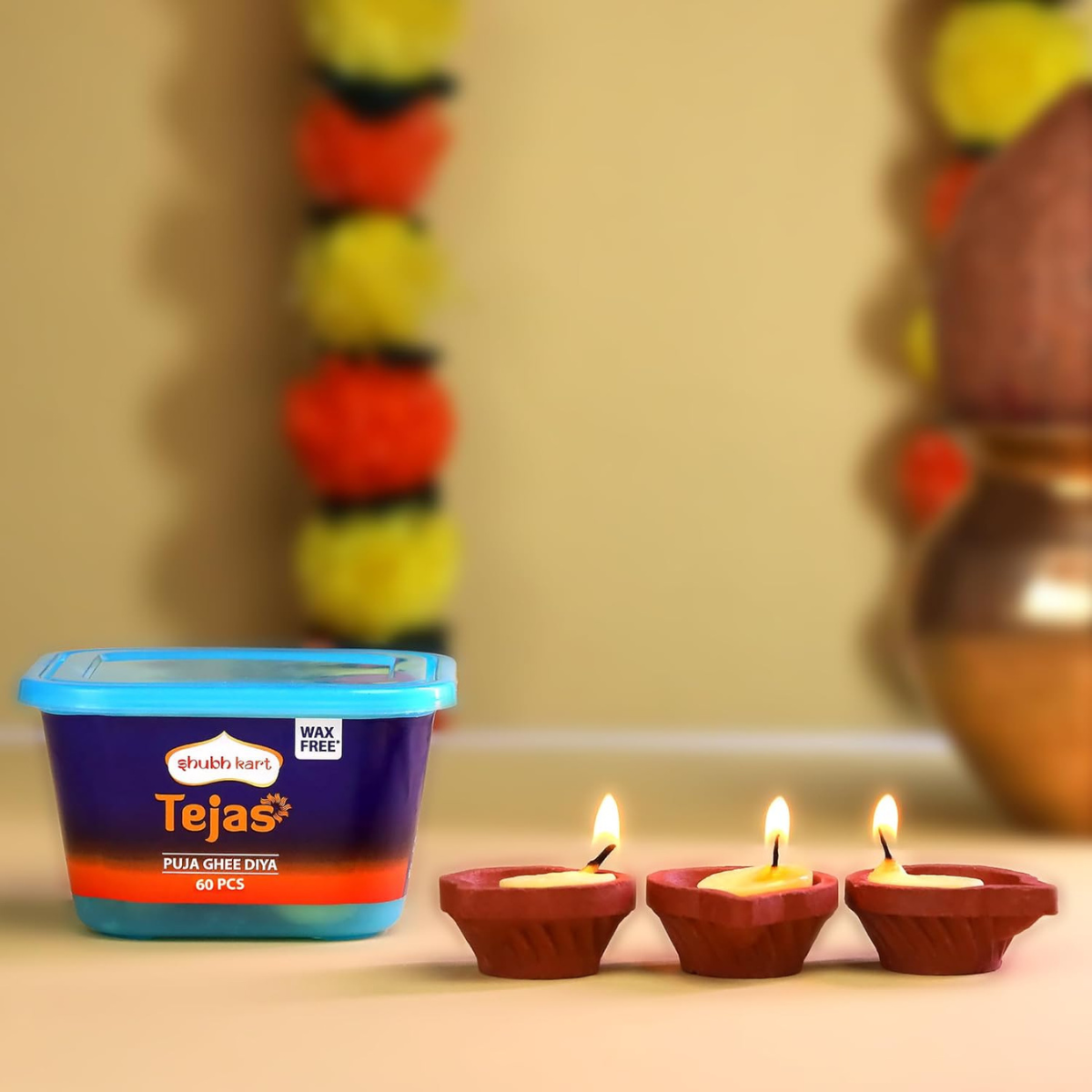 Pure Ghee Wicks| Batti| Diya for Pooja, 60 Pieces, Wax Free Vegan Ghee Batti/Wicks/Jyot for Pooja Aarti (Pack of 1, 60Pieces)