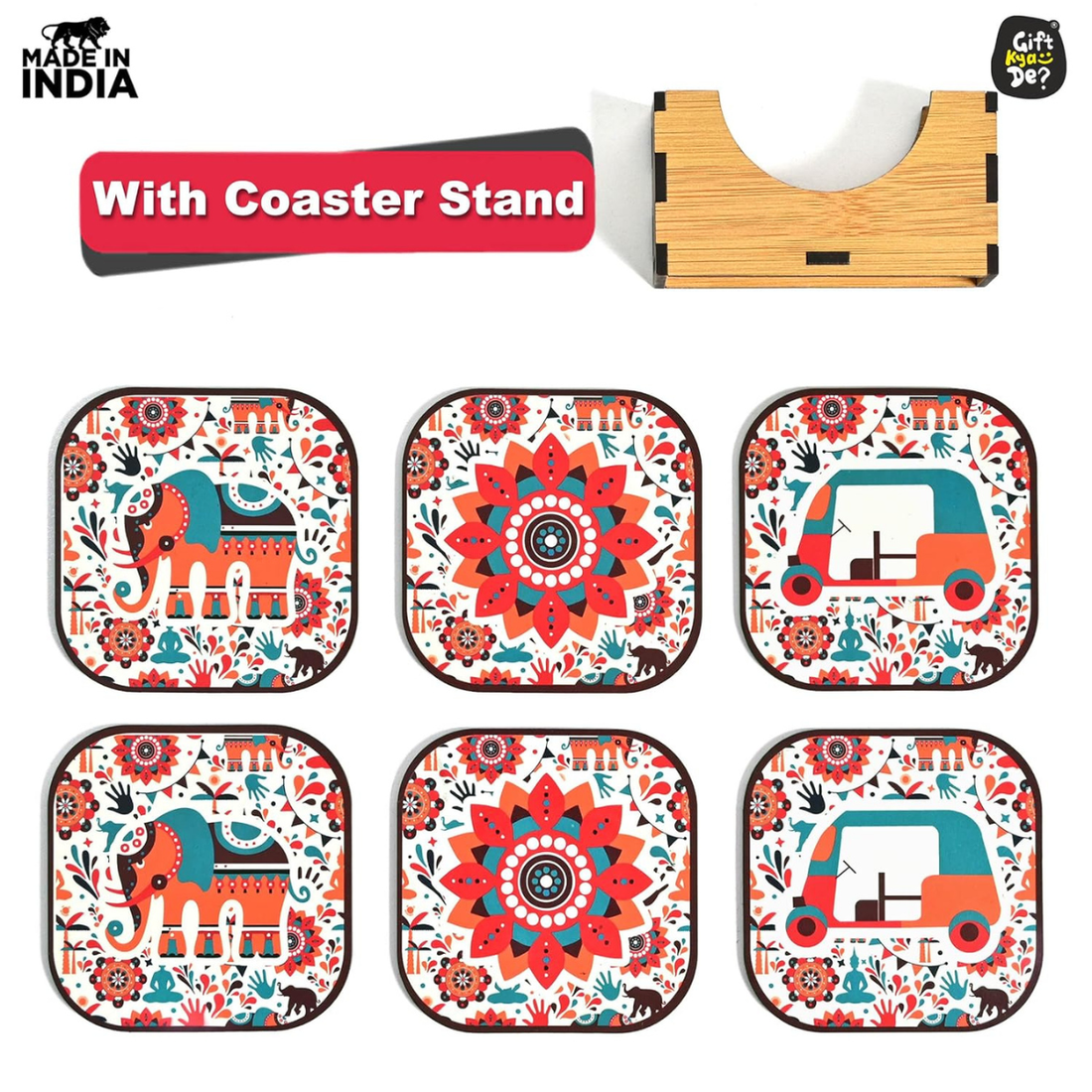 Coaster Set of 6 Vibrant India Theme Design Wooden Coasters to Serve Tea Cups, Coffee Mugs and Glasses (3.5 x 3.5 inch) (Square) (Ecofriendly)
