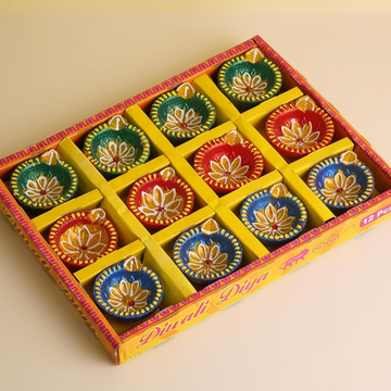 Mitti Diya Handmade Clay Diyas for Puja - Colourful Diyas for Diwali Decoration, Hand Painted Diwali Diya & Festive Celebrations (Set of 12)