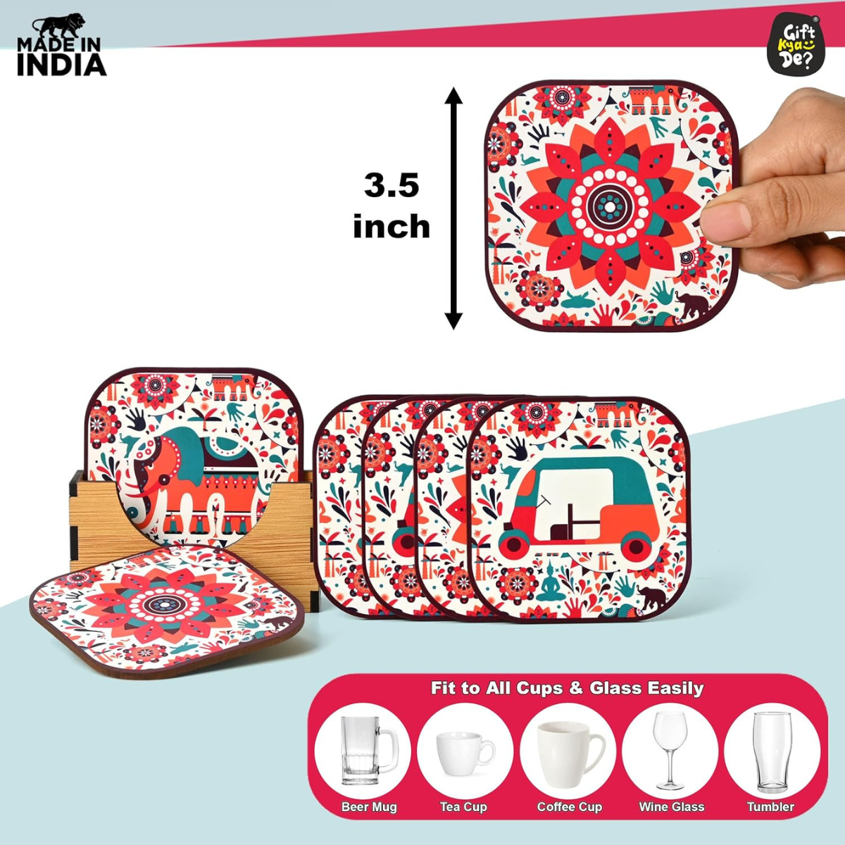 Coaster Set of 6 Vibrant India Theme Design Wooden Coasters to Serve Tea Cups, Coffee Mugs and Glasses (3.5 x 3.5 inch) (Square) (Ecofriendly)