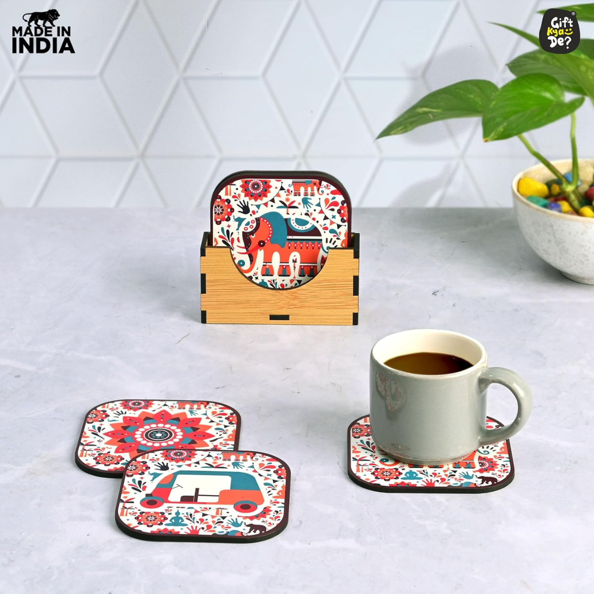 Coaster Set of 6 Vibrant India Theme Design Wooden Coasters to Serve Tea Cups, Coffee Mugs and Glasses (3.5 x 3.5 inch) (Square) (Ecofriendly)