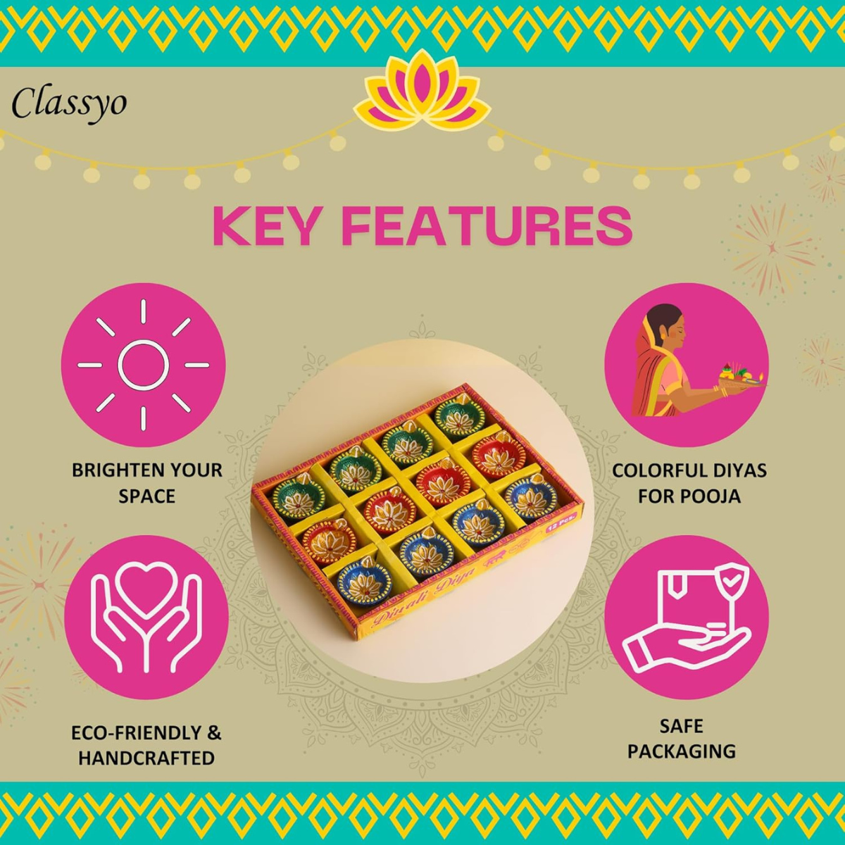 Mitti Diya Handmade Clay Diyas for Puja - Colourful Diyas for Diwali Decoration, Hand Painted Diwali Diya & Festive Celebrations (Set of 12)