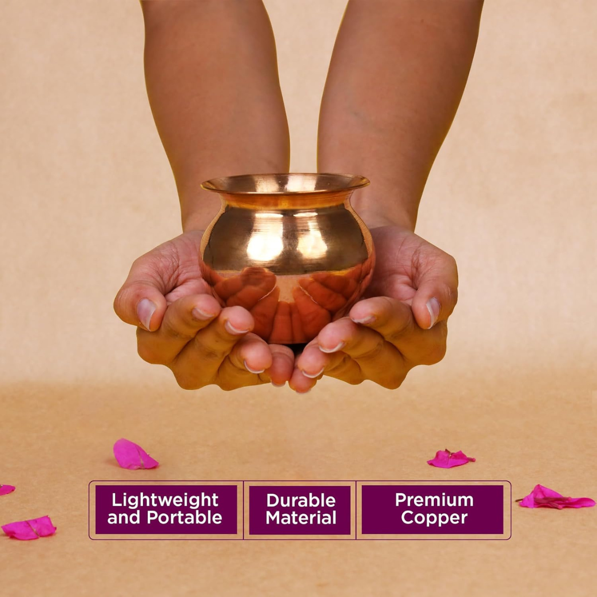 Copper Kalash Size 2 | Large Size Kalash for Pooja Worship Temple Home |Copper Lota for Puja |Tambe Ka Lota for Drinking Water (3.3Inch Height, 3.4 Length) - 140 GMS