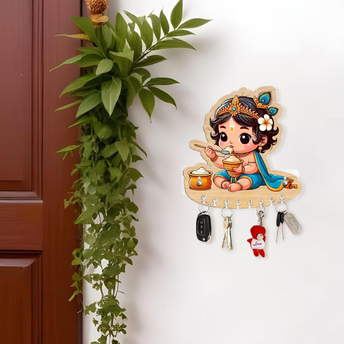 Baby Krishna Key Holder for Home Without Drill for Home Decor Stylish, Brown Wooden, No-Drill Decorative Design