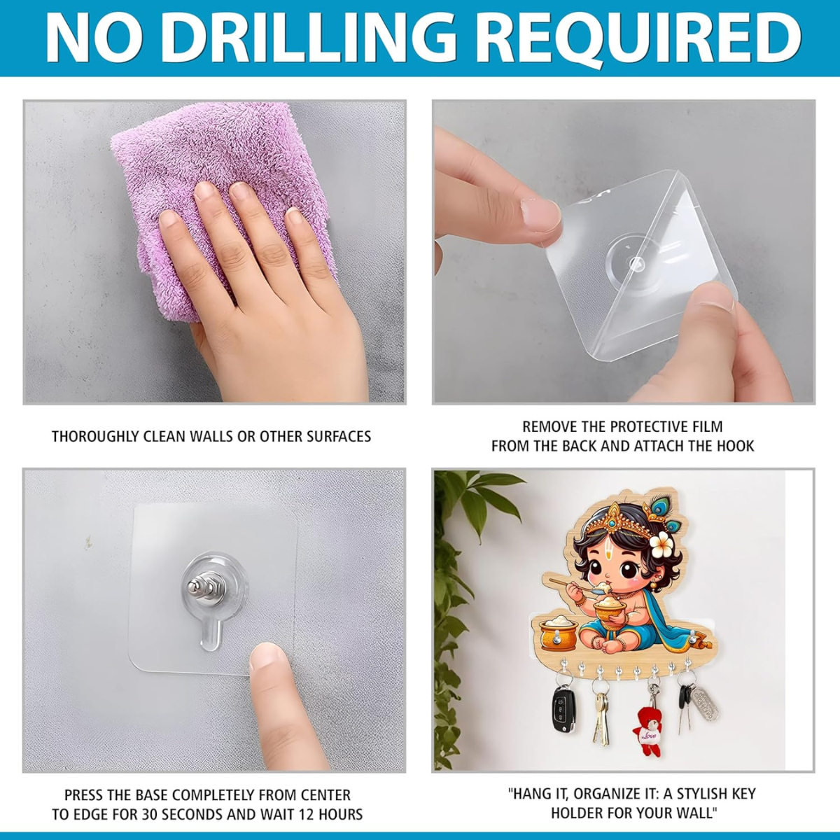 Baby Krishna Key Holder for Home Without Drill for Home Decor Stylish, Brown Wooden, No-Drill Decorative Design