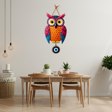Owl Shape Wooden Wall Hanging For Home Decor | Evil Eye Decoration Livingroom, Dining Room | Modern Artwork | Designer Mdf Item | Wall Hanging Ornament Door Decorative (18 x 30 CM)