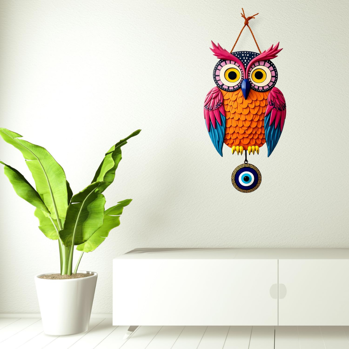 Owl Shape Wooden Wall Hanging For Home Decor | Evil Eye Decoration Livingroom, Dining Room | Modern Artwork | Designer Mdf Item | Wall Hanging Ornament Door Decorative (18 x 30 CM)