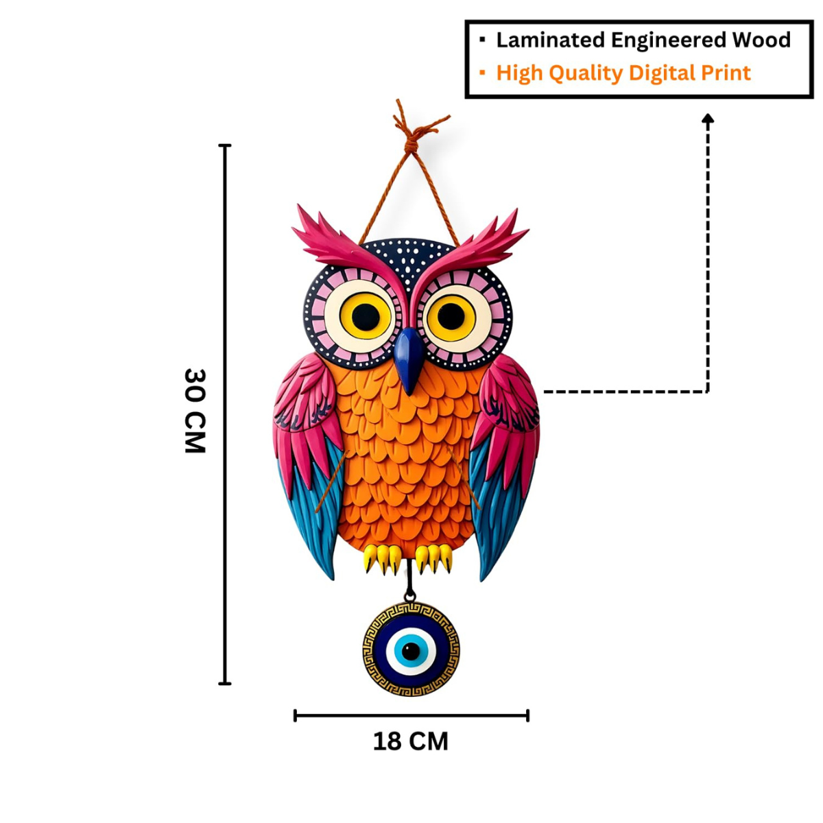 Owl Shape Wooden Wall Hanging For Home Decor | Evil Eye Decoration Livingroom, Dining Room | Modern Artwork | Designer Mdf Item | Wall Hanging Ornament Door Decorative (18 x 30 CM)