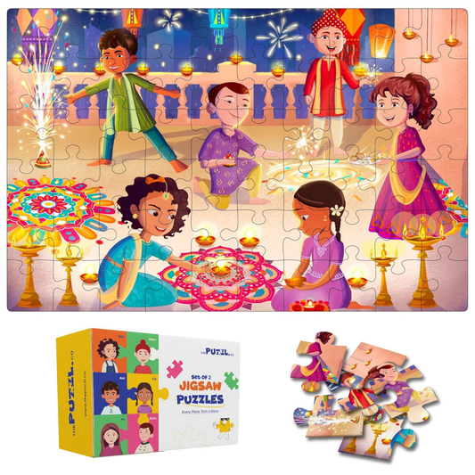 2 Festive Jigsaw Puzzles for Kids Age 4-5 Years | Fun Floor Puzzles – Diwali & Holi Themes | 60 Pieces Each with Activity Sheets