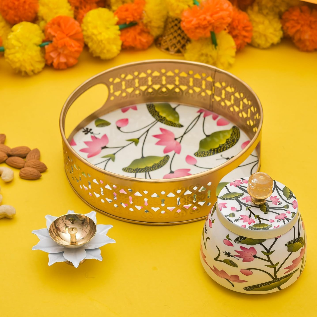 Metal Pichwai Tray with Steel Jar and Lotus Brass Diya 8 Inch