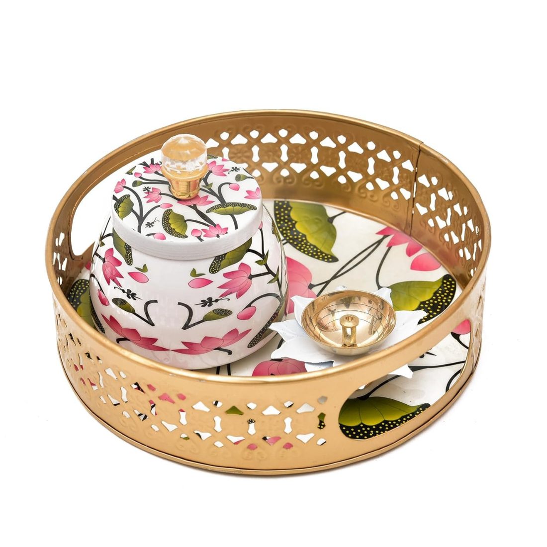 Metal Pichwai Tray with Steel Jar and Lotus Brass Diya 8 Inch