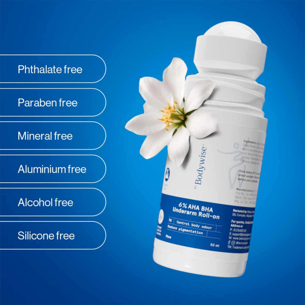 Be Bodywise 6% AHA BHA Underarm Roll On Deodorant 50ml | Flora Fragrance | 1% Mandelic, 4% Lactic,1% Salicylic & Kojic Acid, Reduces Pigmentation & Prevents Odour | Alcohol & Aluminum Free | Pack of 2