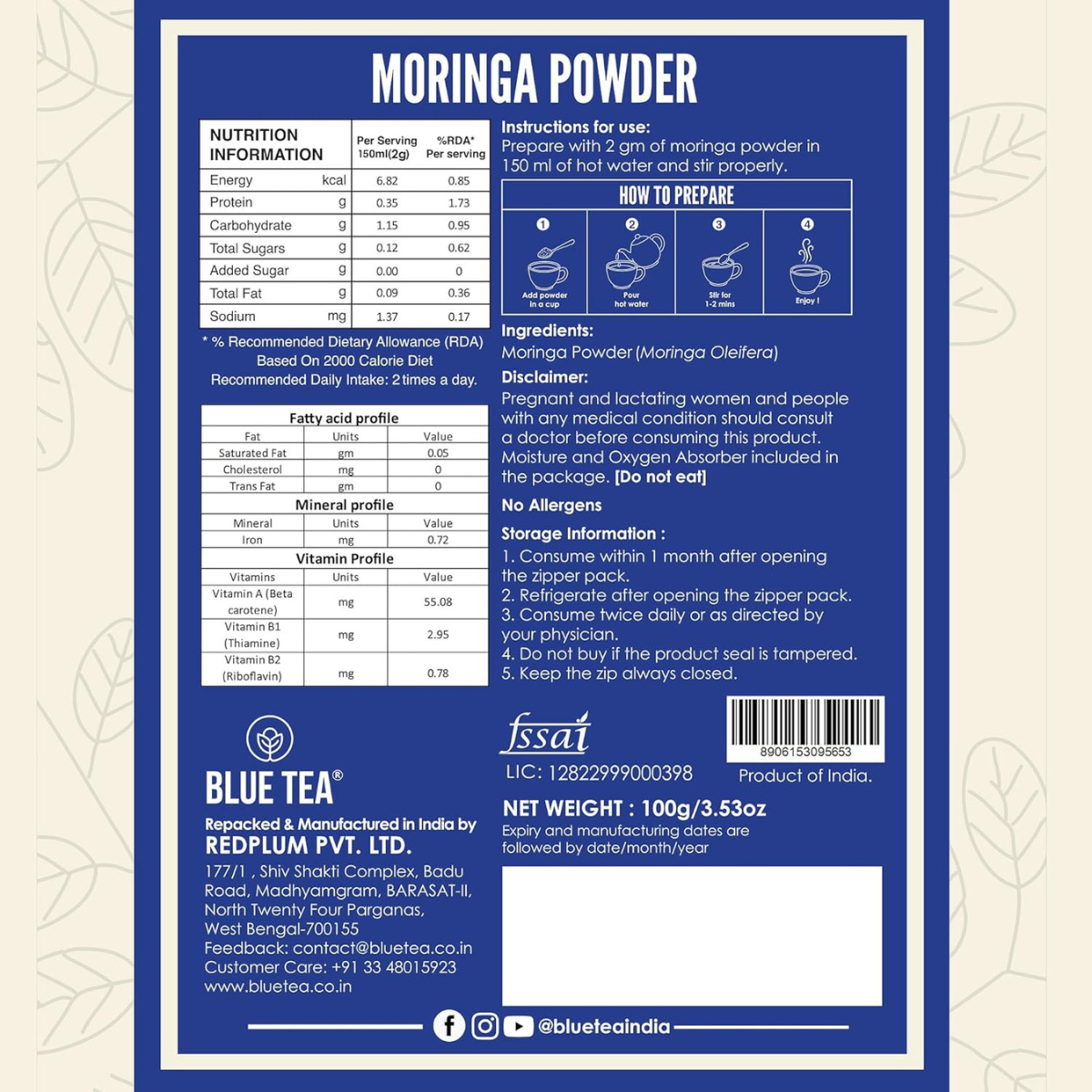 Moringa Powder - 100 gm | Essential Nutrients | Superfood | Rich in Vitamins & Minerals | Naturally Boosts Energy and Overall Health