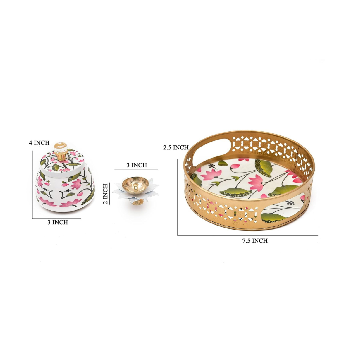 Metal Pichwai Tray with Steel Jar and Lotus Brass Diya 8 Inch