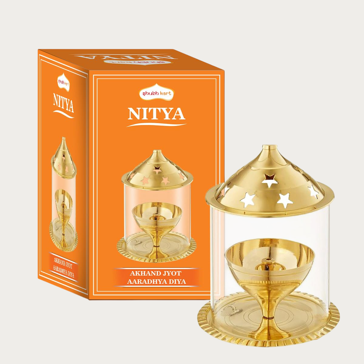 Shubhkart Nitya Akhand Jyot Aaradhya Brass Pooja Diya for Puja & Religious Rituals with Borosilicate Glass Cover for Home,Office & Temple | Traditional Gifting (6.8 Inch Height) - 251Gms