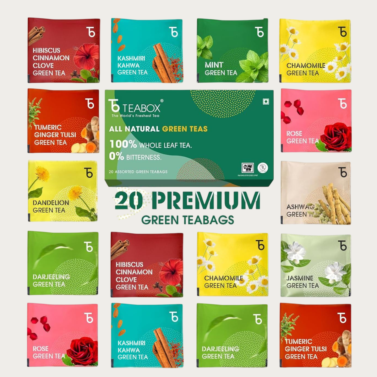 Teabox Wellness Green Tea Sampler Pack - 20 Assorted Tea Bags, 10 Flavors × 2 Each | Whole Leaf, 0% Bitterness