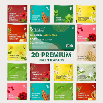 Teabox Wellness Green Tea Sampler Pack - 20 Assorted Tea Bags, 10 Flavors × 2 Each | Whole Leaf, 0% Bitterness